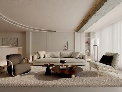 Modern Minimalist Living Room With Light Beige Sofa Gray Armchair And Wooden Coffee Table 3d model