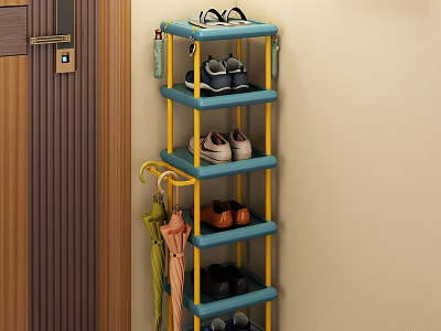 Space Saving Multi Tier Shoe Cabinet With Umbrella Hooks Organizing Shoes In Entryway 3d model