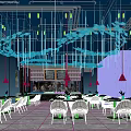 Modern Restaurant Interior With Stylish Hanging Pendant Lights Blue Decor And Brown Leather Chairs