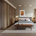 Modern Bedroom Interior Design With Wooden Bed Red Chair Wall Art And Area Rug
