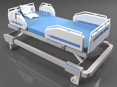 Medical Hospital Bed Adjustable Design With Blue Mattress Side Rails Mobile Wheels For Patient Care 3d model