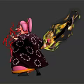 Fantasy Character With Pink Hair In Kimono Holding Flame And Red Lightning With Exaggerated Expression