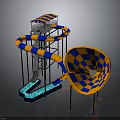 Colorful Blue And Orange Checkered Water Slide Structure With Slide Tracks And Funnel Shape