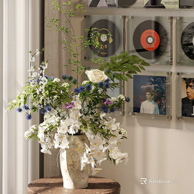 Bonsai Potted Plant with Mixed White Purple Blue Flowers and Black Vinyl Records Wall Decor 3d model 