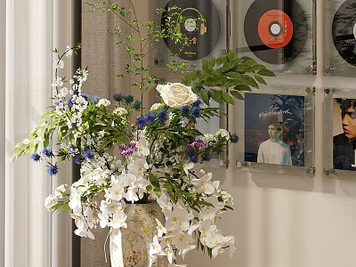 Bonsai Potted Plant with Mixed White Purple Blue Flowers and Black Vinyl Records Wall Decor 3d model