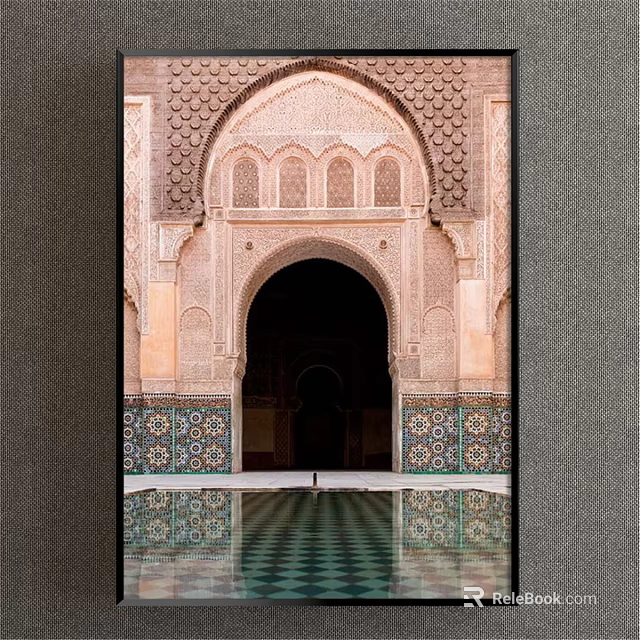 Scenic Landscape Painting of Traditional Arched Doorway With Decorative Tiles and Water Reflection 3d model 