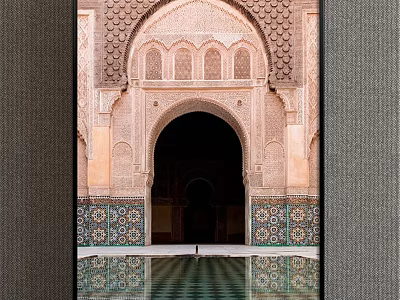 Scenic Landscape Painting of Traditional Arched Doorway With Decorative Tiles and Water Reflection 3d model