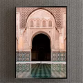 Scenic Landscape Painting of Traditional Arched Doorway With Decorative Tiles and Water Reflection
