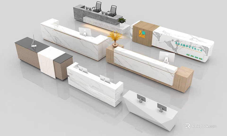 Multiple Modern Reception Desk Designs with Various Materials and Minimalist Styles 3d model