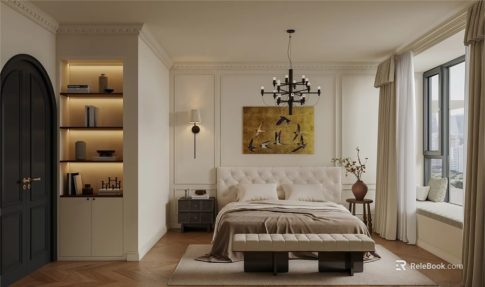 Elegant Modern Bedroom with White Wall Panels Chandelier Gold Artwork Nightstand Bed Bench and Curtains 3d model 