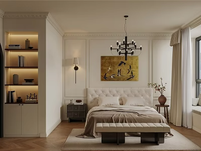 Elegant Modern Bedroom with White Wall Panels Chandelier Gold Artwork Nightstand Bed Bench and Curtains 3d model