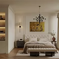 Elegant Modern Bedroom with White Wall Panels Chandelier Gold Artwork Nightstand Bed Bench and Curtains