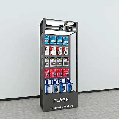 Retail Display Shelf with Multiple Product Packages and FLASH Branding at Bottom 3d model