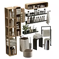Practical Bathroom Accessories With Wooden Shelves Towels Toiletries Green Plant And Trash Can