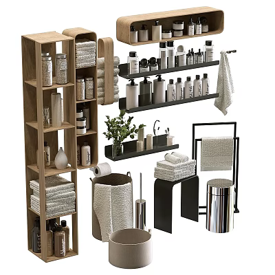 Practical Bathroom Accessories With Wooden Shelves Towels Toiletries Green Plant And Trash Can 3d model