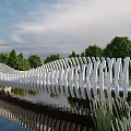 Scenic Wavy White Landscape Bridge Over Water With Reflection And Green Trees
