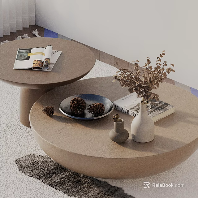 Modern Sofa Coffee Table Set Featuring Round Design Decorative Vases Magazines And Pine Cones 3d model