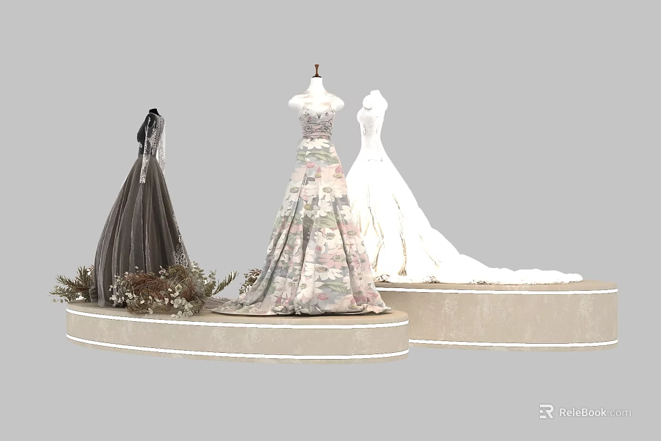 Elegant Women Dresses With Various Designs On Display Platform And Decorative Flowers 3d model 