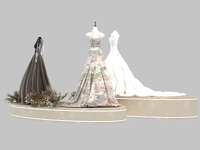 Elegant Women Dresses With Various Designs On Display Platform And Decorative Flowers 3d model