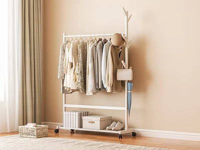 Indoor White Rolling Clothing Rack With Clothes Hats And Storage 3d model