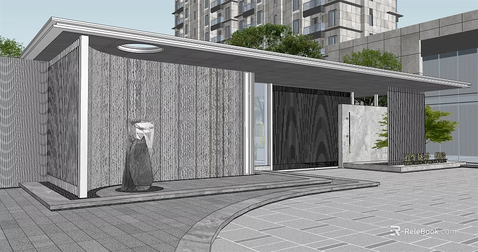 Modern Residential Landscape With Gray Textured Wall Sculpture Green Plants And High-Rise Background 3d model 