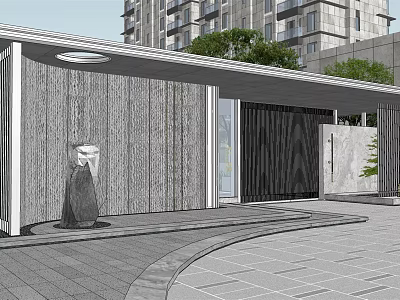 Modern Residential Landscape With Gray Textured Wall Sculpture Green Plants And High-Rise Background 3d model