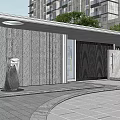 Modern Residential Landscape With Gray Textured Wall Sculpture Green Plants And High-Rise Background