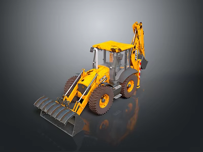 Yellow Backhoe Loader With Front Loader Bucket And Rear Excavator Arm 3d model