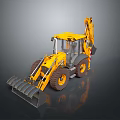 Yellow Backhoe Loader With Front Loader Bucket And Rear Excavator Arm