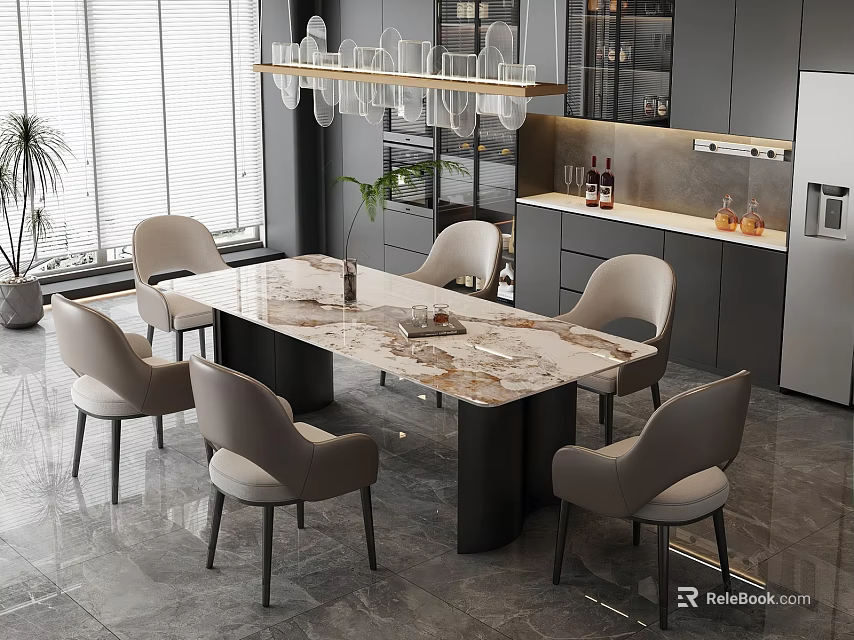 Modern Restaurant Open Kitchen Interior Design With Marble Dining Table Chairs And Pendant Lights 3d model 