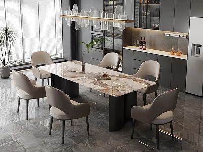 Modern Restaurant Open Kitchen Interior Design With Marble Dining Table Chairs And Pendant Lights 3d model