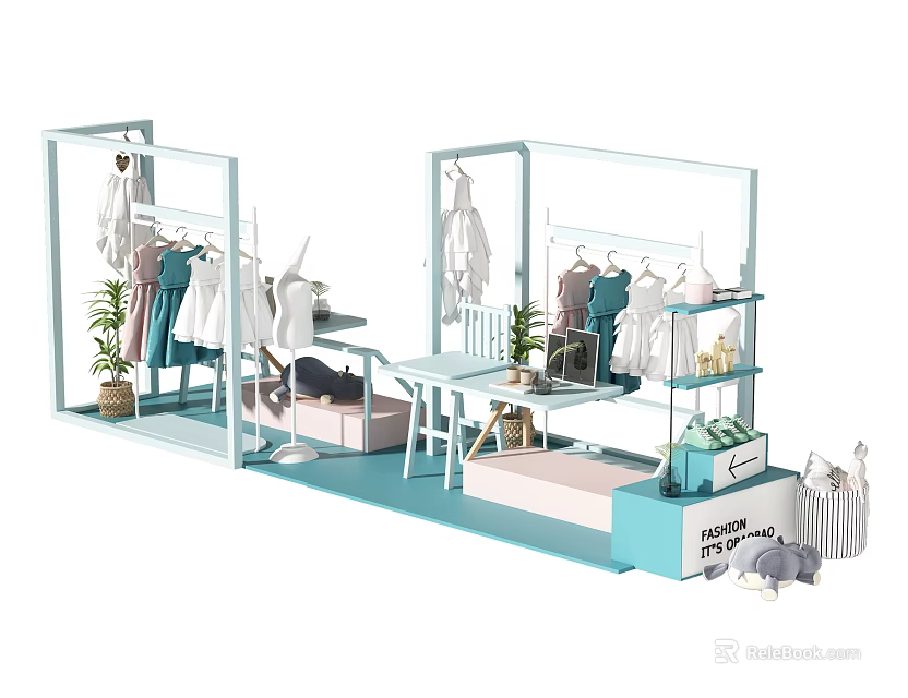 Modern Window Display Styling With Clothes Racks Plants And Handbag Accessories 3d model 