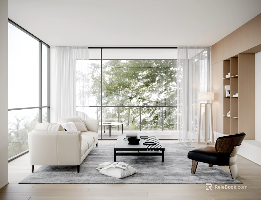 Modern Living Room Interior With White Sofa Coffee Table Large Window And Gray Rug 3d model 