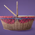 Wicker Storage Basket With Open Wooden Lid Red Plaid Fabric And Blue Bow Trim