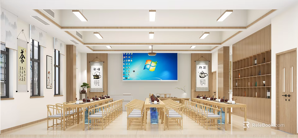 School Classroom Learning Space With Long Tables Chairs Large Screen Calligraphy Works And Plants 3d model 