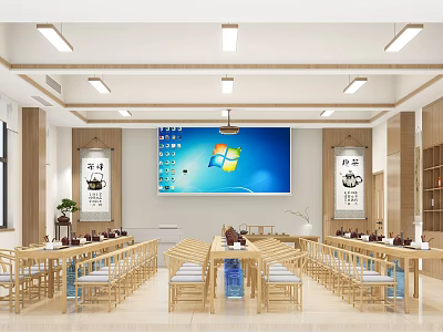 School Classroom Learning Space With Long Tables Chairs Large Screen Calligraphy Works And Plants 3d model