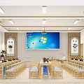School Classroom Learning Space With Long Tables Chairs Large Screen Calligraphy Works And Plants