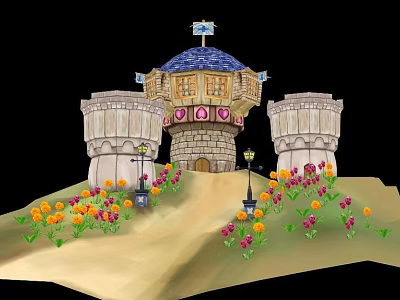 Castle With Blue Dome Surrounded By Two Towers Front With Flowers And Street Lamps 3d model