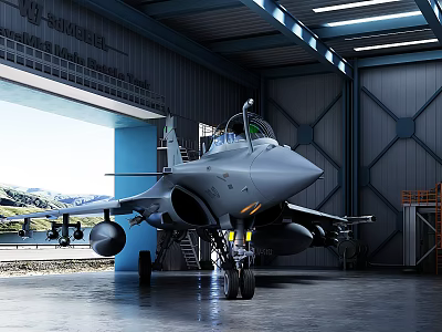 Military Fighter Jet Parked In Hangar With Mountain View And Armaments 3d model