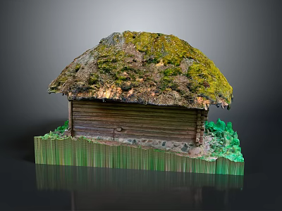 Thatched Roof Wooden Cabin Structure With Moss Covered Top And Green Plants Around Base 3d model