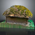 Thatched Roof Wooden Cabin Structure With Moss Covered Top And Green Plants Around Base