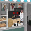 Cozy Dessert Bakeshop with Green Storefront Blue White Striped Awning Outdoor Seating and Bicycle