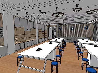 School Science Classroom With Long White Tables Blue Stools And Wooden Cabinets 3d model