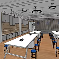 School Science Classroom With Long White Tables Blue Stools And Wooden Cabinets