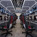 Modern Internet Cafe Interior Design With Gaming Computers Ergonomic Chairs And Stylish Lighting