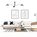 Modern White Sofa and Coffee Table Set with Accent Chair Striped Rug and Wall Art