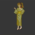 Red Haired Girl In Blue Kimono Holding Red Apple With Yellow Obi And Gray Background