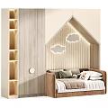 Cozy Kids Bed with House Shaped Headboard Decorative Cloud Lights Light Wood Storage