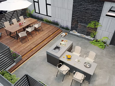 Roof Garden with Outdoor Dining Table Chairs Kitchen Counter Wooden Deck and Lush Plants 3d model