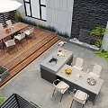 Roof Garden with Outdoor Dining Table Chairs Kitchen Counter Wooden Deck and Lush Plants
